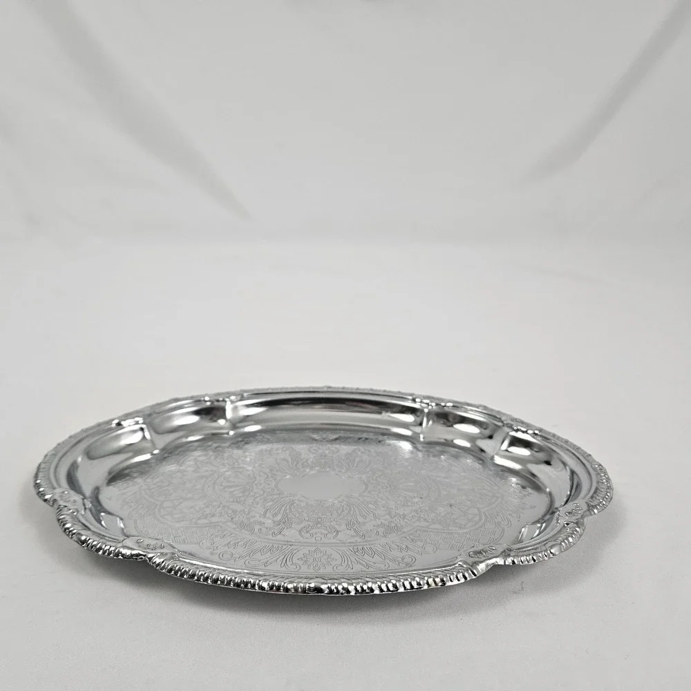 Vintage Silver Plate Card Serving Tray Trinket Jewelry Scalloped Edge Hong Kong